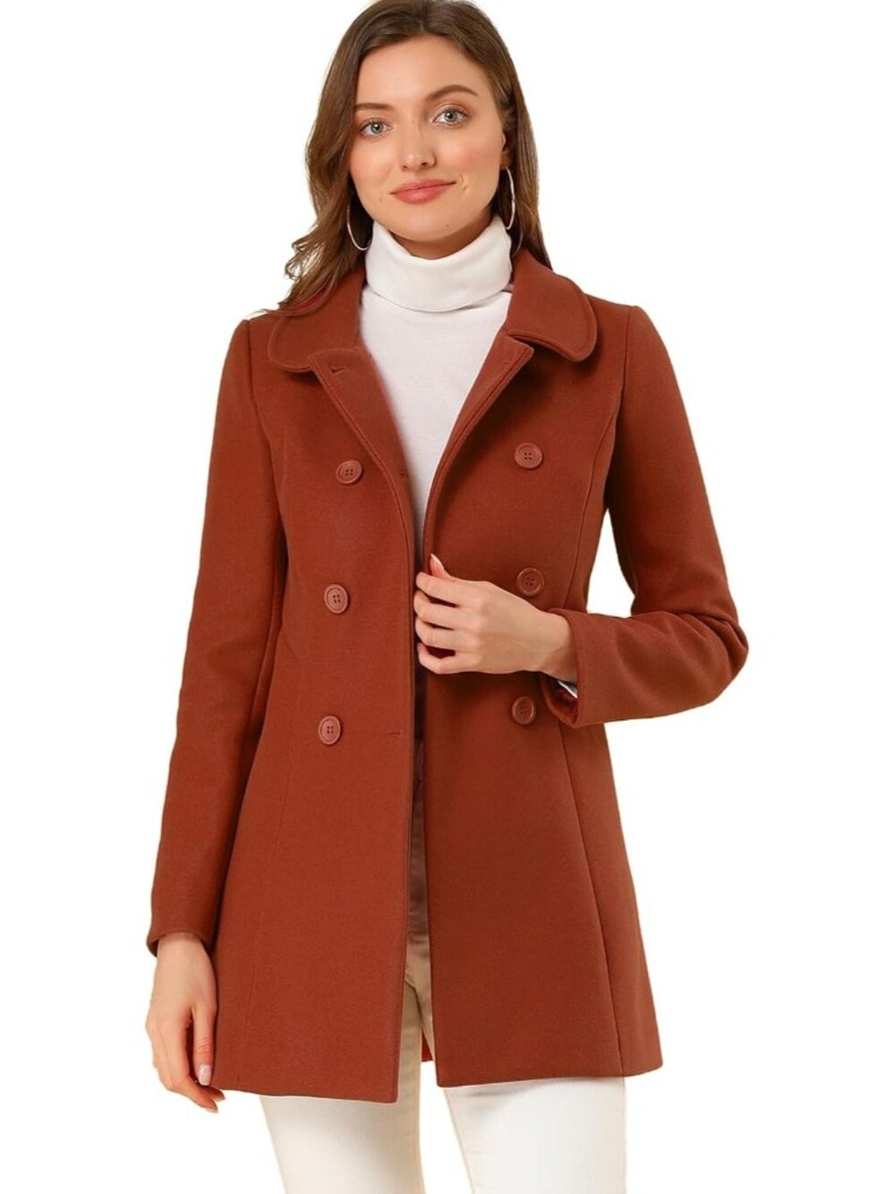 Women's Brown Fully lined Peter Pan Collar Double Breasted Long Trench Pea Coat
